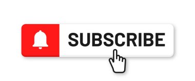Sosyal medya için abone tuşu. Video kanalına, blog 'a ve bültene abone ol. El işaretleyicili kırmızı düğme ve abonelik için zil. Vektör