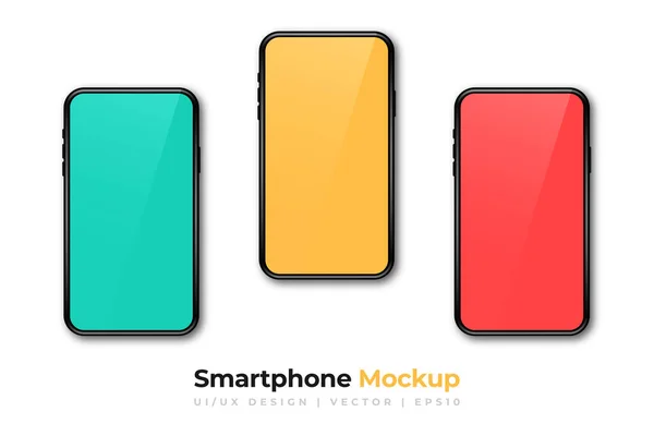 Mockup Telefonico Realistico Set Telefoni Moderni Con Display Giallo Rosso — Vettoriale Stock