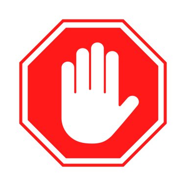 Stop sign. Red forbidding sign with human hand in octagon shape. Stop hand gesture, do not enter, dangerous. Vector clipart
