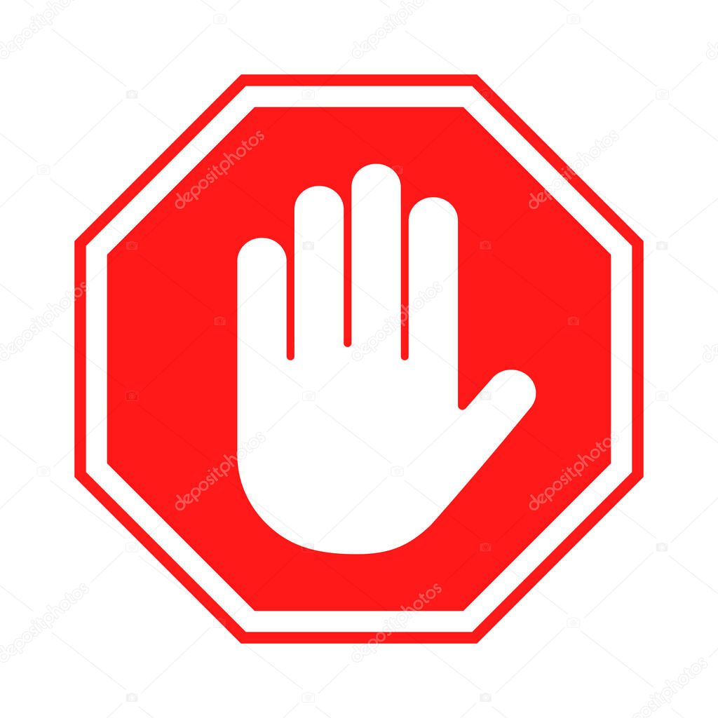 Stop sign. Red forbidding sign with human hand in octagon shape. Stop hand gesture, do not enter, dangerous. Vector