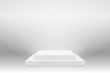 Beyaz 3D podyum kare şeklinde. Boş sahne ya da kaidesel model spot ışıklarıyla aydınlatılmış. Ödül töreni ve ürün sunumu için podyum veya platform. Vektör