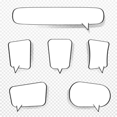 Bir dizi komik konuşma balonu. Pop sanat tarzında yarım ton efektli boş karikatür balonları. Diyalog ve tartışma, düşünme ve konuşma bulutları. Vektör