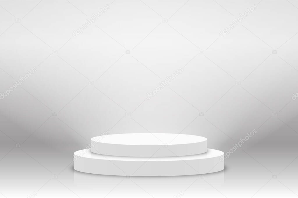 White 3d podium mockup in circle shape. Empty stage or pedestal mockup illuminated with spotlight. Podium or platform for award ceremony and product presentation. Vector