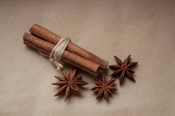 Cinnamon stick with star anis on the craft background — Stock Photo, Image