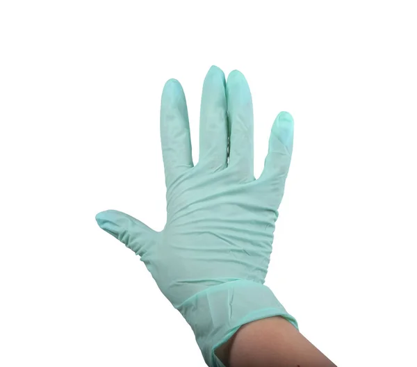 Groene Rubberen Handschoen Hand Geïsoleerd Witte — Stockfoto