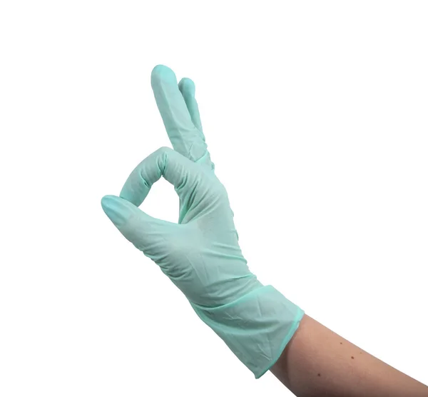 Зеленая Резиновая Перчатка Руке Изолированы Белом — стоковое фото
