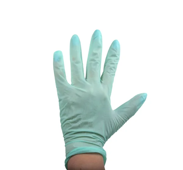 Groene Rubberen Handschoen Hand Geïsoleerd Witte — Stockfoto