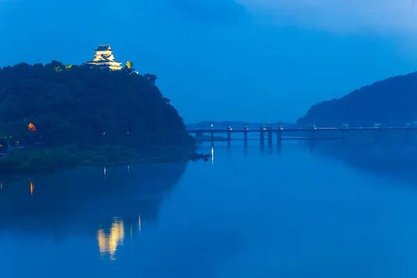 Far Illuminated Inuyama Castle Night River Blue — Stock fotografie