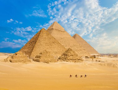 All Egypt Pyramids Camels Line Walking Wide Angle clipart