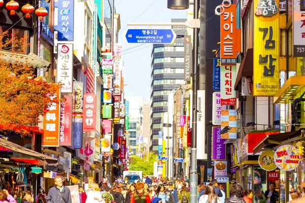 Myeongdong Crowded Shopping Street Stores Signs H — Stock Photo, Image