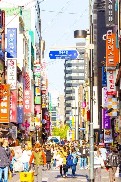 Myeongdong Crowded Shopping Street Stores Signs V — Stock Photo, Image
