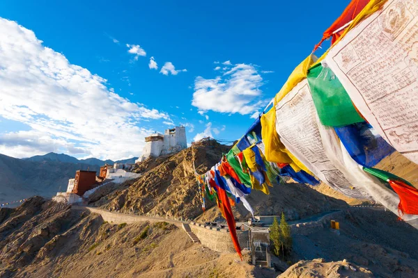 Drapeaux de prière Leh Tsemo Fort Gompa vue Ladakh — Photo