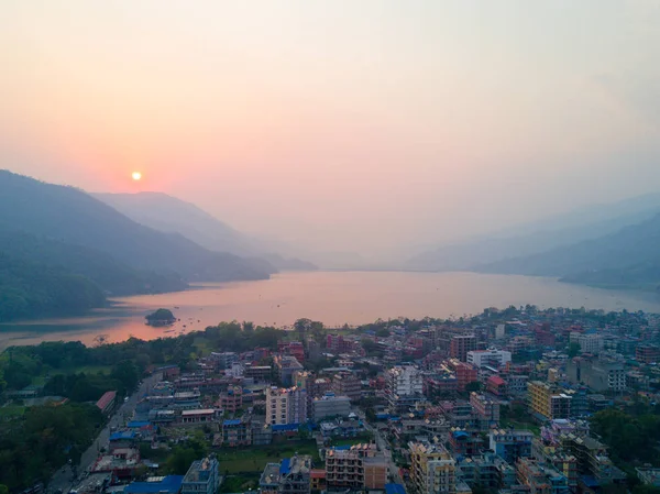 Vedere aeriană Apus de soare Lakeside Phewa Lake Pokhara — Fotografie, imagine de stoc