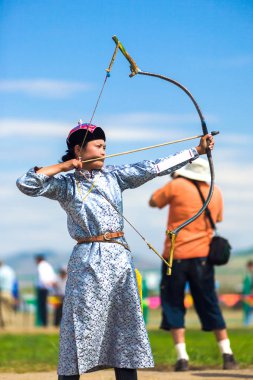 Naadam Festival Female Archery Woman Aiming Arrow clipart