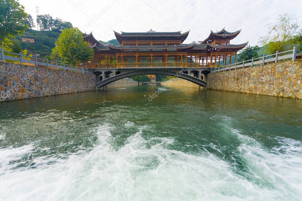 Xijiang Miao Village Bridge River Low Angle China