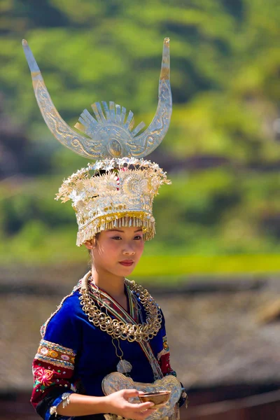 Xijiang Miao Woman Traditional Clothes Headdress Royalty Free Stock Photos