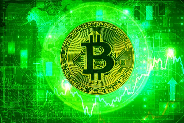 Moneta Oro Bitcoin Con Sfondo Verde — Foto Stock