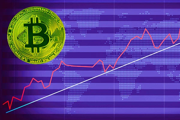 Bitcoin と赤の折れ線グラフ — ストック写真