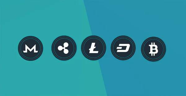 Cryptocurrency logolar iki renkli arka planla