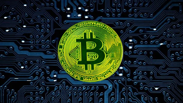 Tecnologia Della Scheda Madre Bitcoin Dorata — Foto Stock