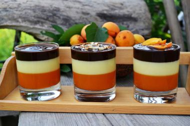 Multilayer gelatin dessert with chocolate, cream and apricots jelly in glass clipart