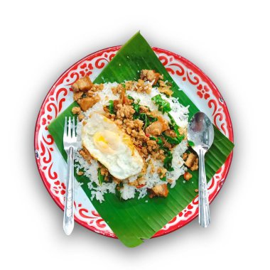 Fesleğen Fried Rice, kıyılmış domuz eti, gevrek domuz eti ve sahanda yumurta