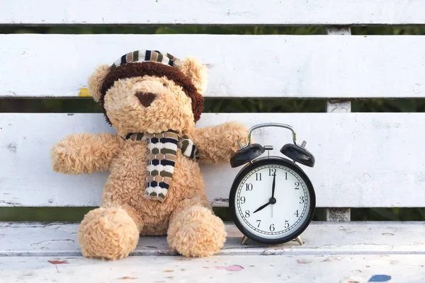 Oyuncak ayı ve retro çalar saat eski ahşap sandalye.