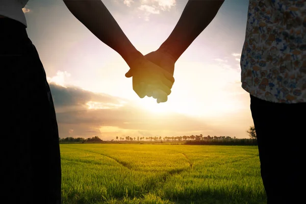 Couple holding hands and Beautiful sunlight — Stock Photo, Image