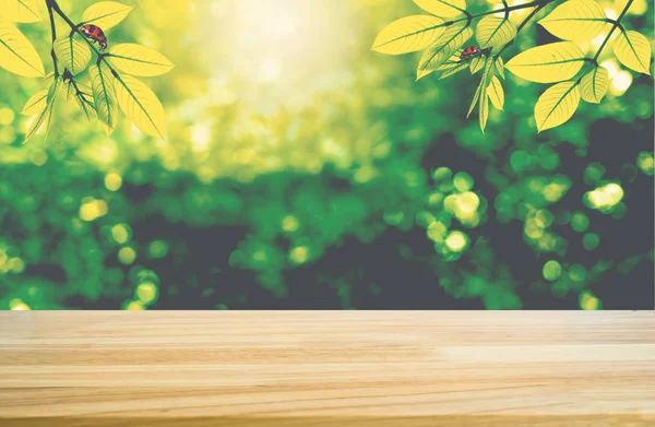 Wooden table with green blurred  background. — Stock Photo, Image