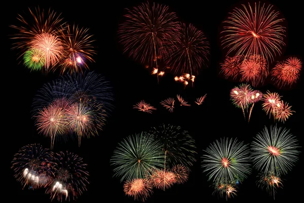 Sammlung von Feuerwerk auf schwarzem Hintergrund. — Stockfoto