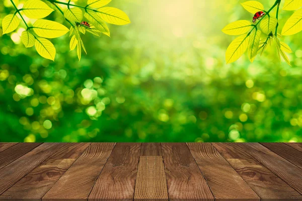 Mesa de madera marrón con fondo borroso verde . — Foto de Stock