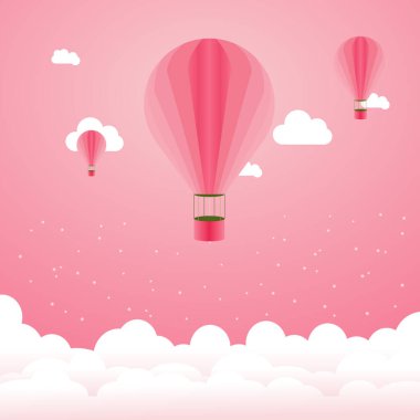 Pembe gökyüzünde yüzen pembe balonlar. Sevgililer Günü tebrik kartı.