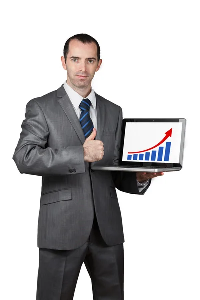 Homem de negócios mostrar sua tela laptop — Fotografia de Stock