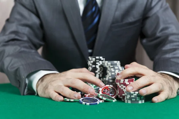 Blackjack Winner,A Solid Businessman, Won In Blackjack Game And Take All The Chips — Stock Photo, Image