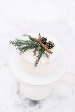 Wedding rustic nude cake with cream cheese and winter decor, pine branch, cones and cinnamone. Winter wedding cake on the snow clipart