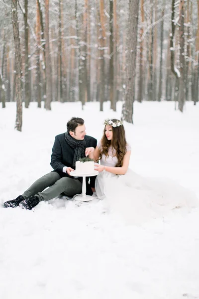 一对穿着婚纱的夫妇在冬季森林的背景下坐着切他们的结婚蛋糕。 浪漫的约会 — 图库照片