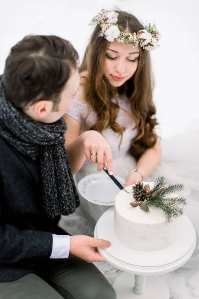 Μια νύφη και ένας γαμπρός κόβουν την γαμήλια τούρτα τους. Γάμος στο χειμερινό δάσος. Όμορφο κέικ διακοσμημένο με κώνους, πεύκο και κινναμόνι — Φωτογραφία Αρχείου