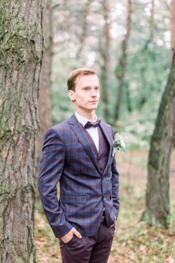 Kareli mor takım elbiseli yakışıklı zarif damat ormanda dikiliyor. Şık bir düğün damadı fotoğrafı. Köylü portresi.