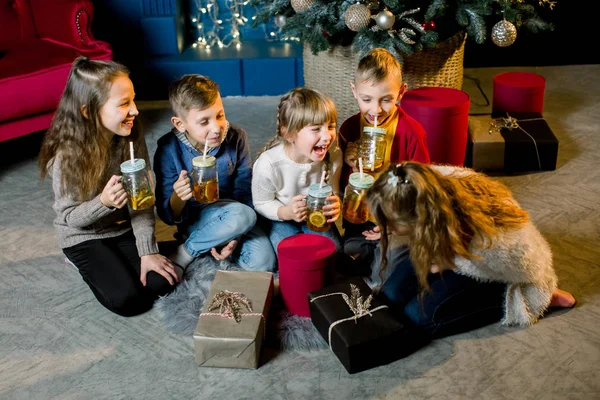 Vrolijk kerstfeest en Happy Holidays. Jonge kinderen limonade drinken en vertellen elkaar kerst verhalen en lach — Stockfoto