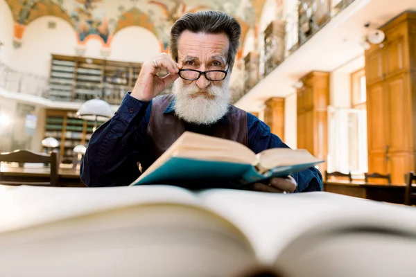Γέρος γενειοφόρος, βιβλιοθηκάριος, καθηγητής, συγγραφέας, σε γυαλιά διαβάζοντας ένα βιβλίο στην παλιά δημόσια ή πανεπιστημιακή βιβλιοθήκη. Κλείσιμο πορτραίτου — Φωτογραφία Αρχείου