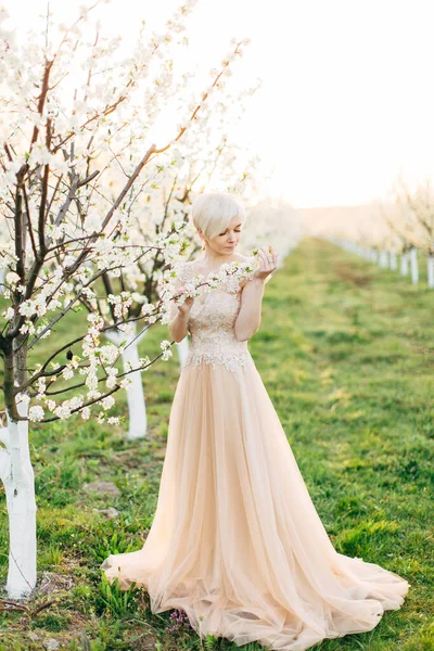 Une jeune jolie femme blonde en robe de mariée longue pêche debout dans un jardin printanier fleuri, tenant et touchant branche d'arbre en fleurs. Portrait intégral . — Photo