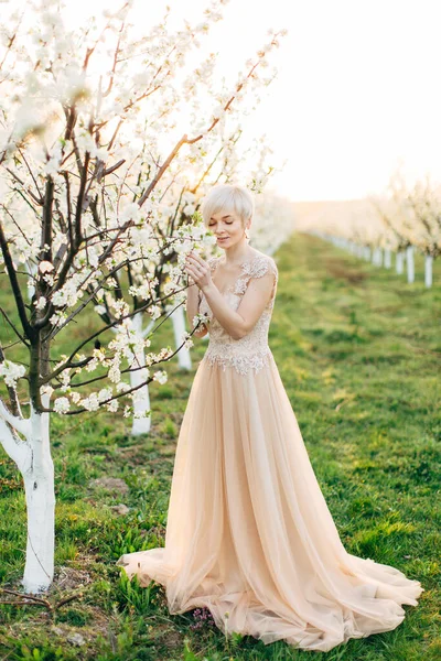 Portrait complet de jeune femme caucasienne aux cheveux blonds courts dans une élégante robe de mariée rose clair est debout dans un jardin de fruits de printemps en fleurs . — Photo
