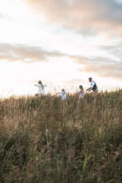 Feliz pai da família, mãe e duas filhas filhos correndo e se divertindo juntos no campo de verão da natureza ao pôr do sol — Fotografia de Stock