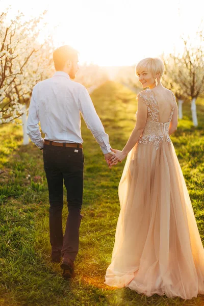 Casal bonito no jardim de uma maçã florescente ou árvores de ameixa, andando de mãos dadas. Mulher loira encantadora noiva em vestido laranja luz de luxo olhando para a câmera e sorrindo — Fotografia de Stock