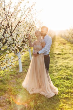 Zarif, uzun elbiseli ve damatlı genç sarışın gelin, çiçek açan bahçede bir çift, güneşin doğuşunda çiçek açan ağacın yanında, güneşli bahar gününde. Şefkatle sarılın. Bahar düğünü. Sevgi ve şefkat