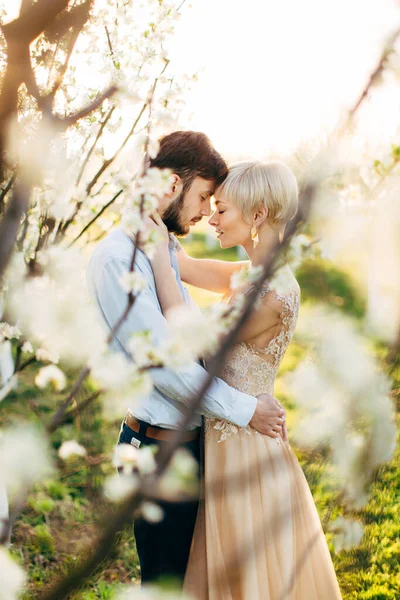 Hombre y mujer, marido y mujer en un jardín floreciente. Retrato de pareja joven, abrazándose y mirándose, tocando frentes, de pie en el jardín de flores de primavera — Foto de Stock