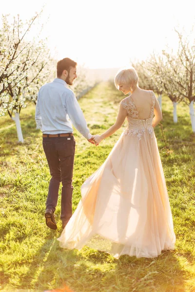 Dos pleine longueur portrait de luxe heureux couple de mariage tenant la main et la marche, magnifique mariée en robe orange, moment romantique tendre au jardin de printemps avec des arbres en fleurs — Photo