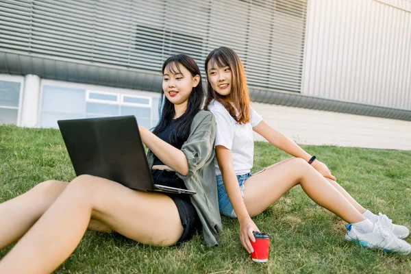 Dos encantadoras mujeres chinas sonrientes descansando sobre la hierba verde frente al moderno edificio urbano de alta tecnología, bebiendo café y viendo sus fotos en la computadora portátil —  Fotos de Stock