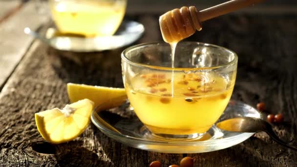 レモンと蜂蜜と新鮮な注ぐ海のクロウメモドキ茶のガラスは日当たりの良い光で暗い木製の背景に — ストック動画