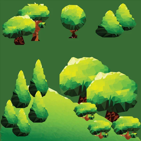 Абстрактный многоугольный зеленый пейзаж с деревьями и соснами на горе — стоковый вектор